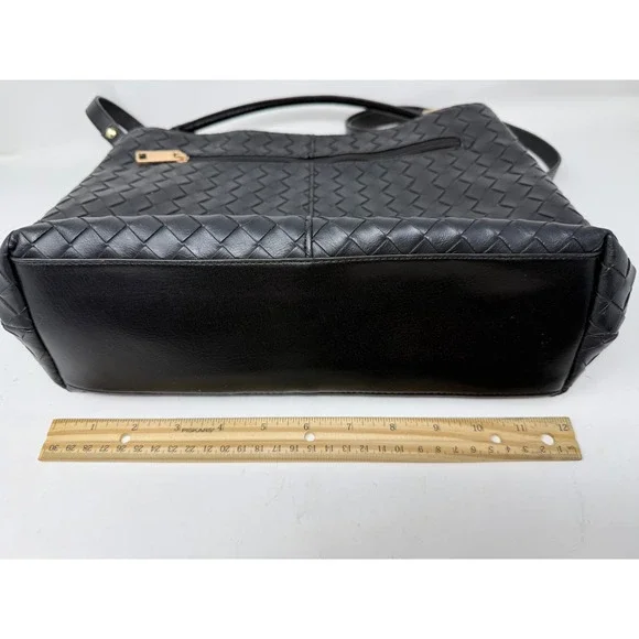 Black Woven Faux Leather Satchel Crossbody Handbag Gold Hardware - Picture 8 of 9